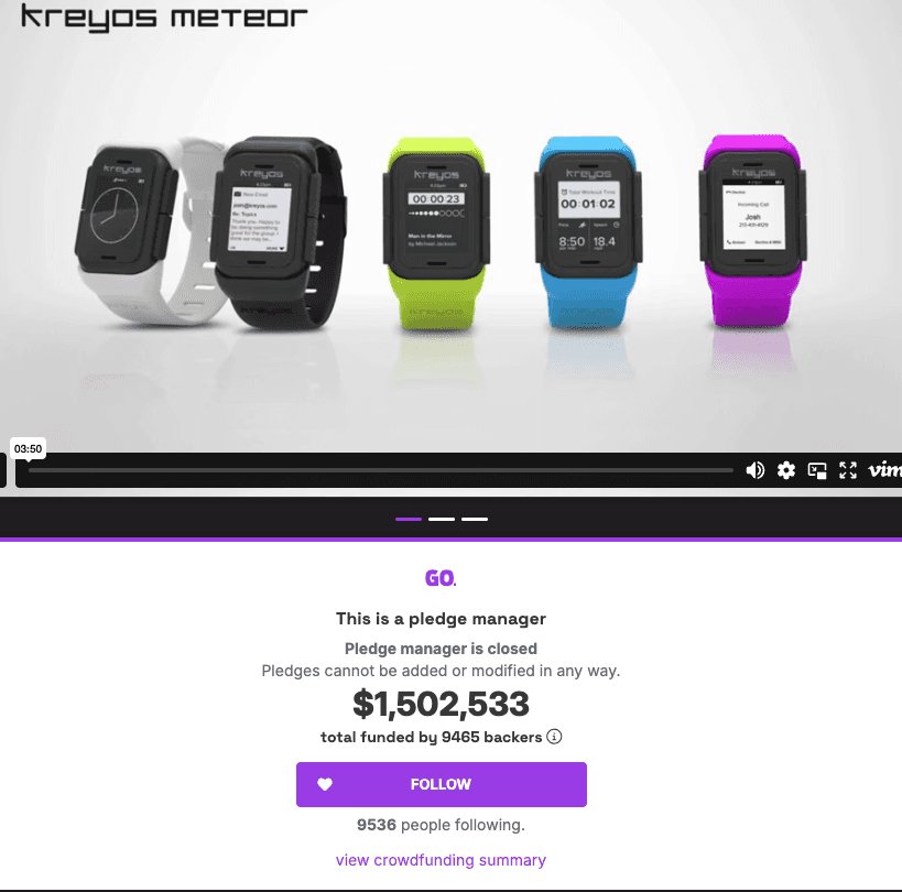 Kreyos Indiegogo final-tally page · $1.5M raised