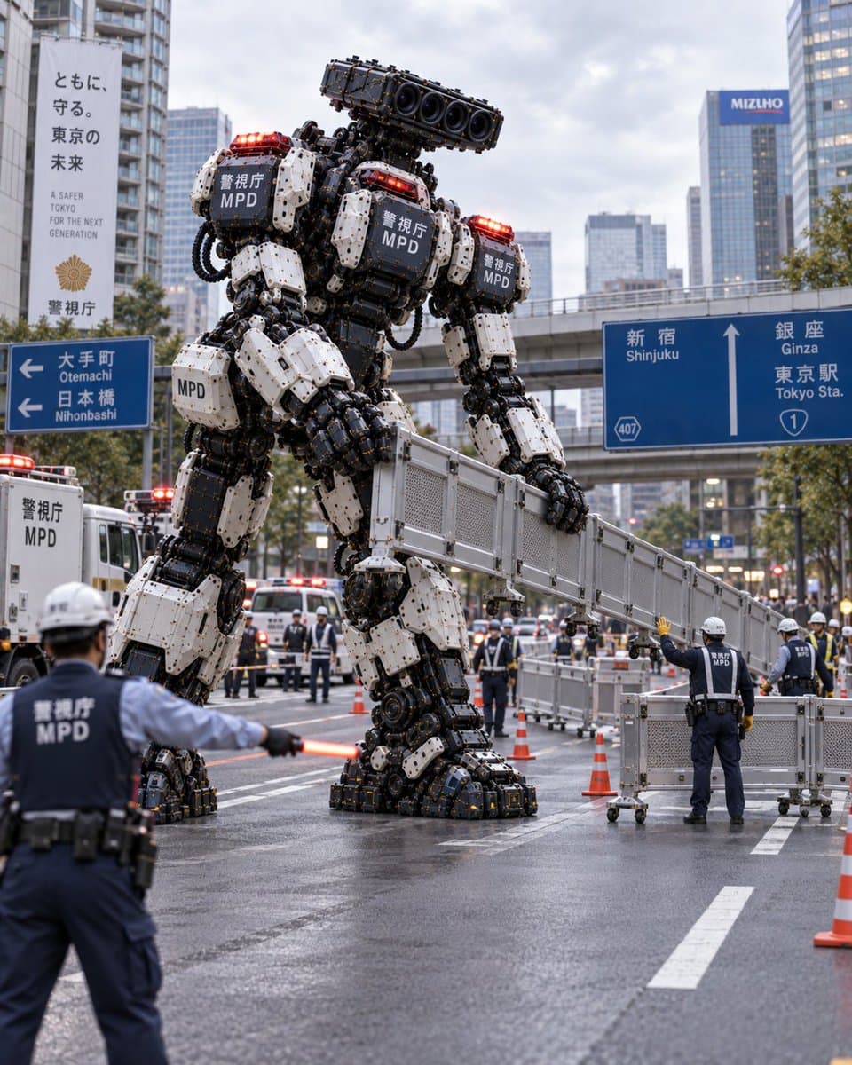 Giant Tokyo Police Robot Barricading Street