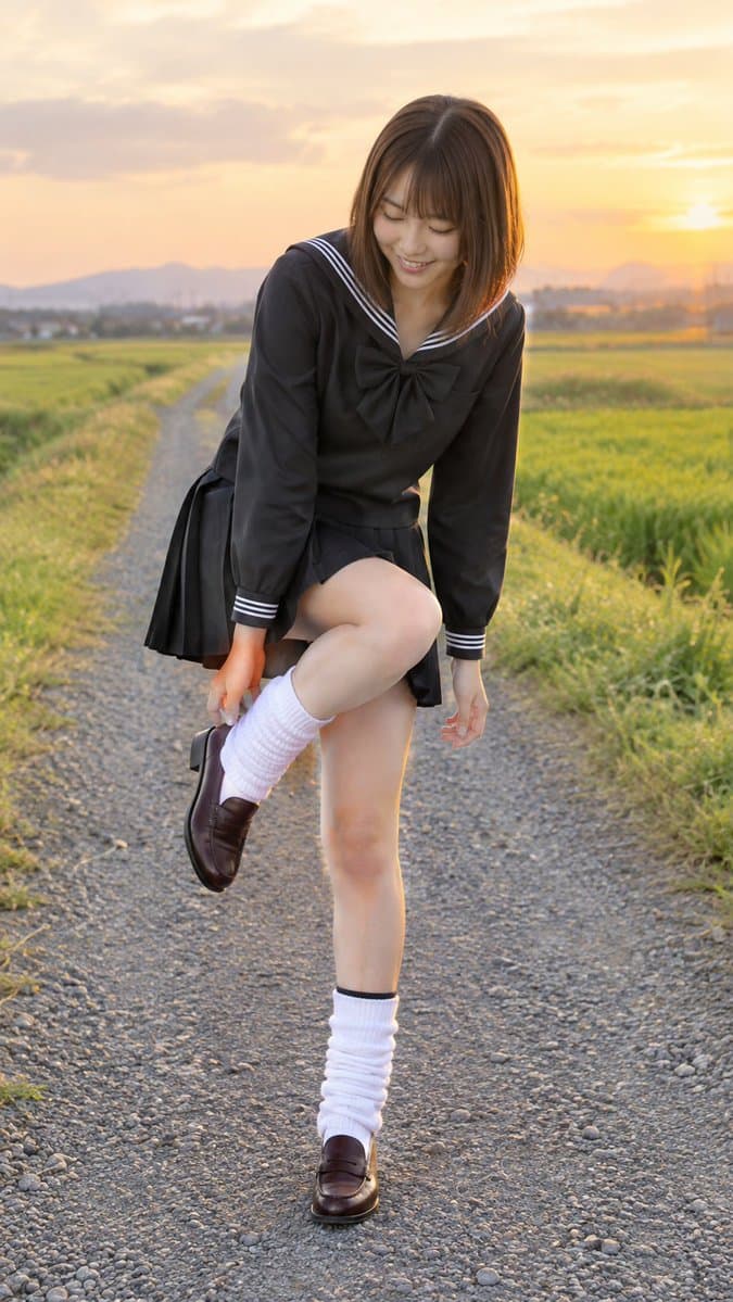 Girl Looking at Shoe on Country Road