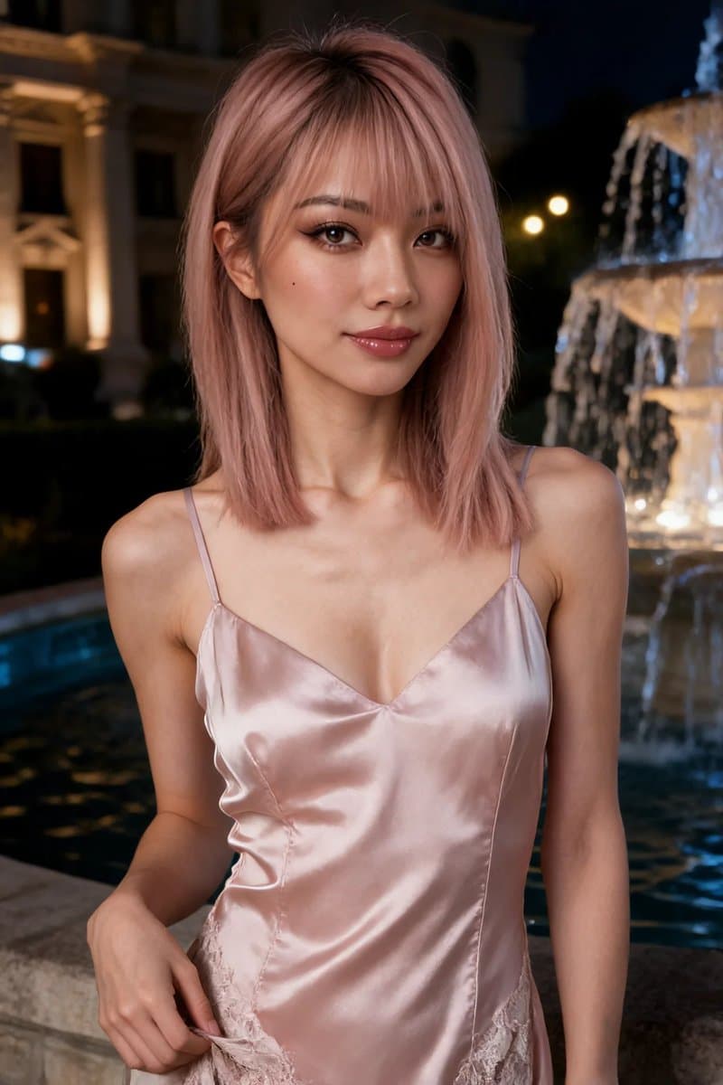 Elegant Night Portrait in Pink Satin Dress