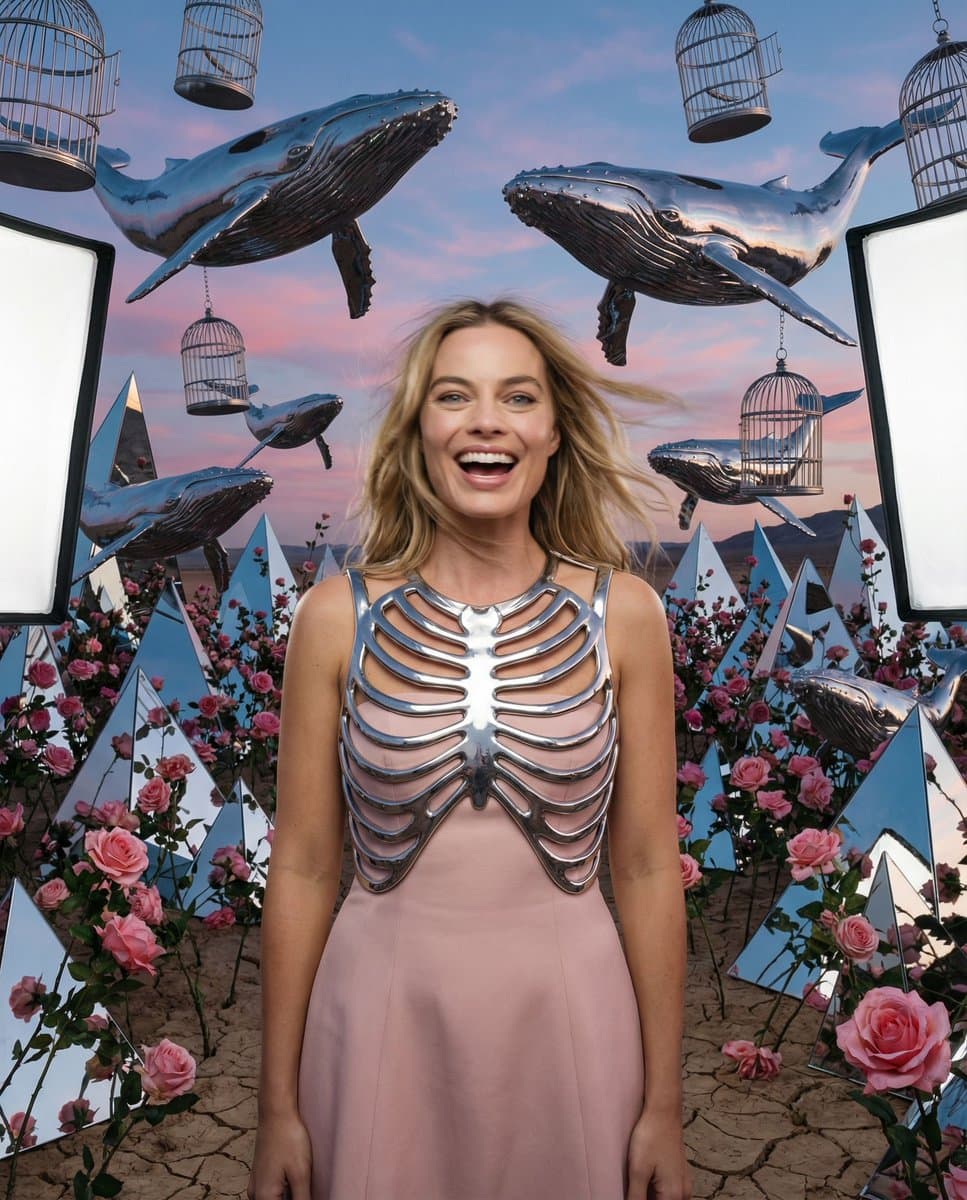 Surreal Editorial Portrait with Chrome Whales and Roses