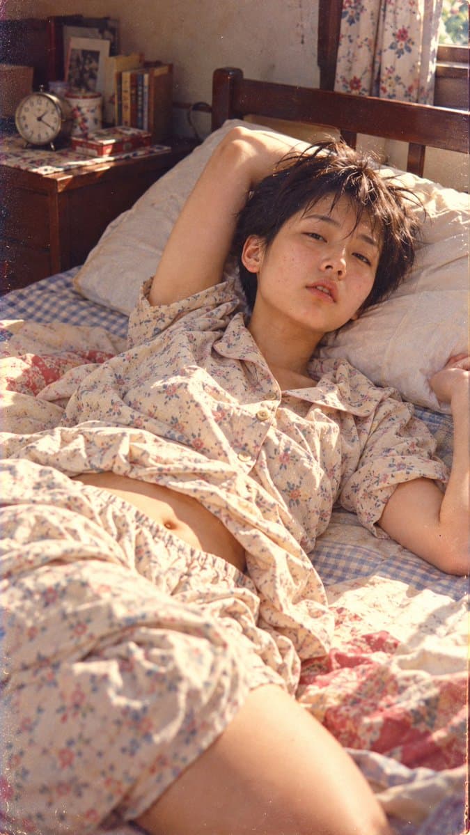 Retro Portrait of Woman in Floral Pajamas