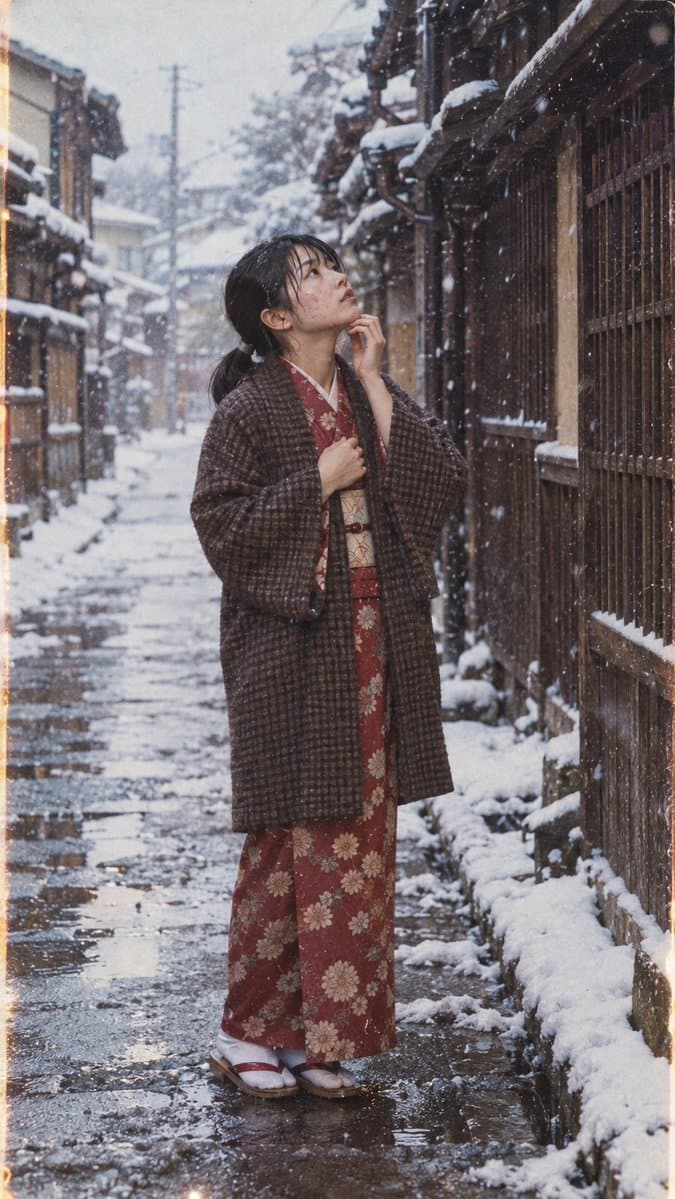 Woman in Kimono Walking in Snow
