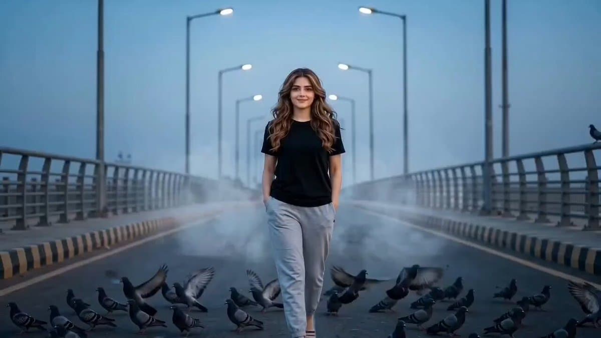 Cinematic Girl and Pigeons on Bridge