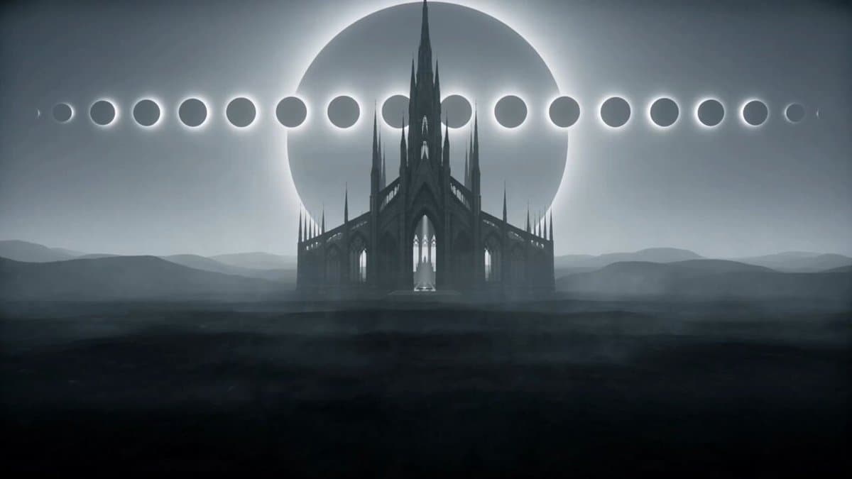 Abandoned Gothic Cathedral with Shadow Figures