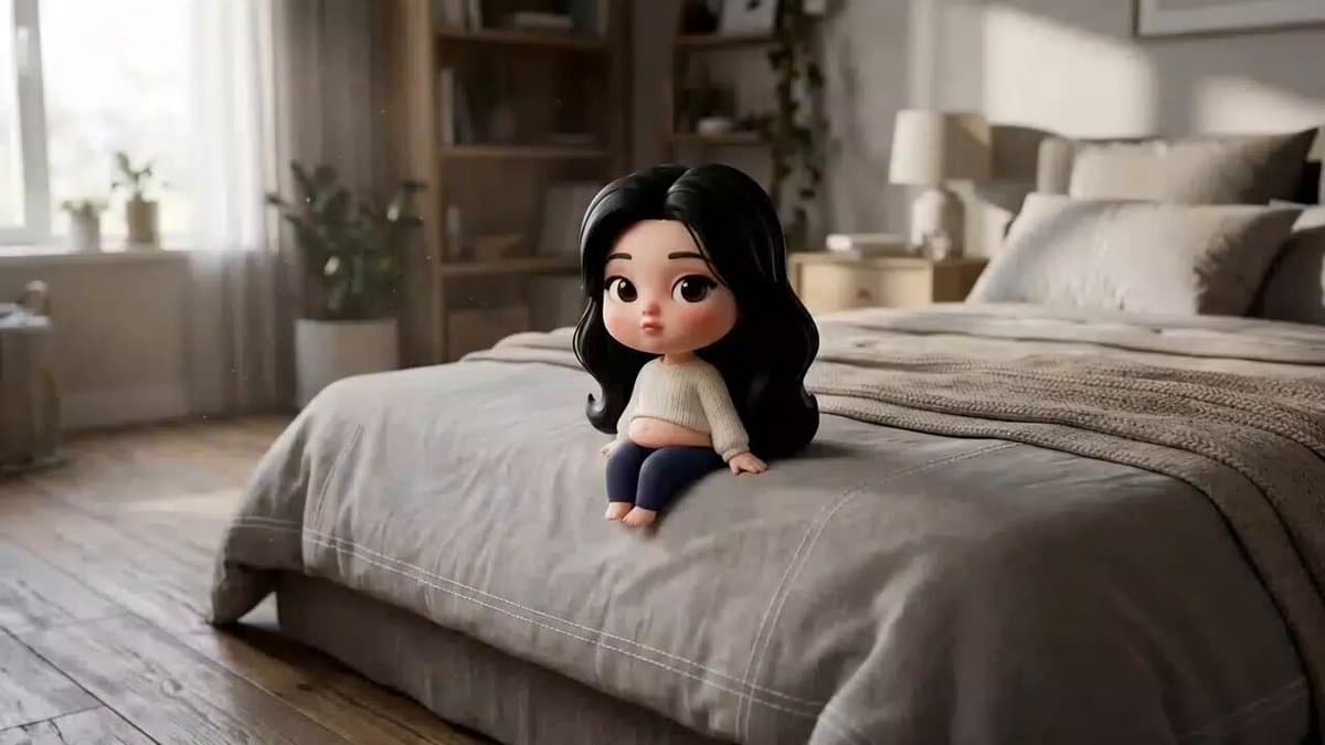 Chibi Character in Realistic Bedroom