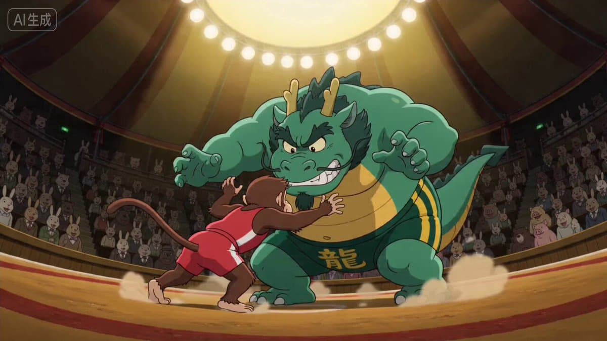 Ghibli Style Dragon vs Monkey Wrestling Match