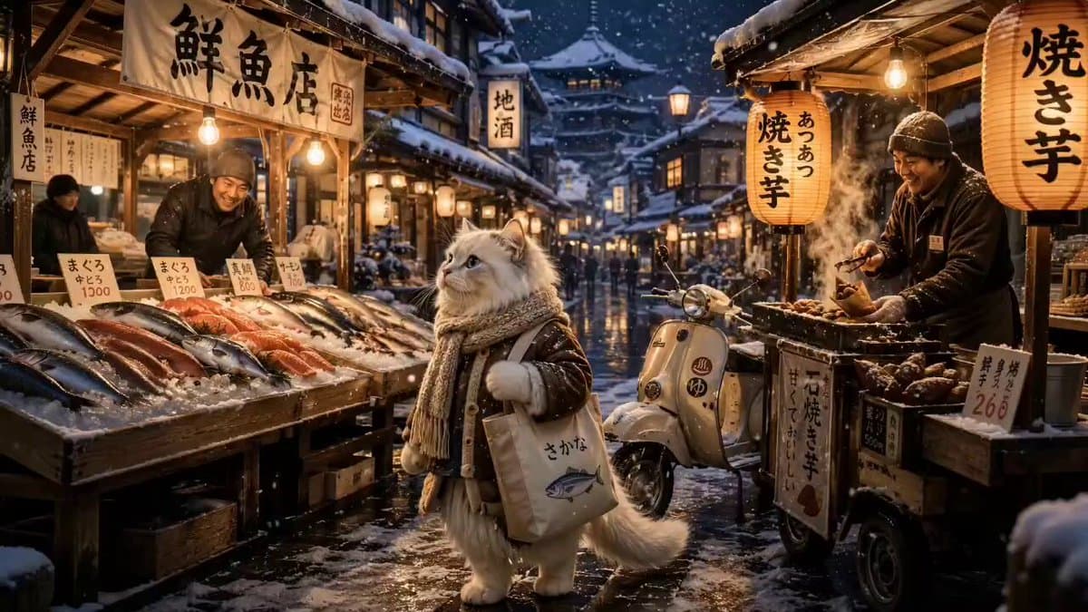 Snowy Japanese Town Cat Journey