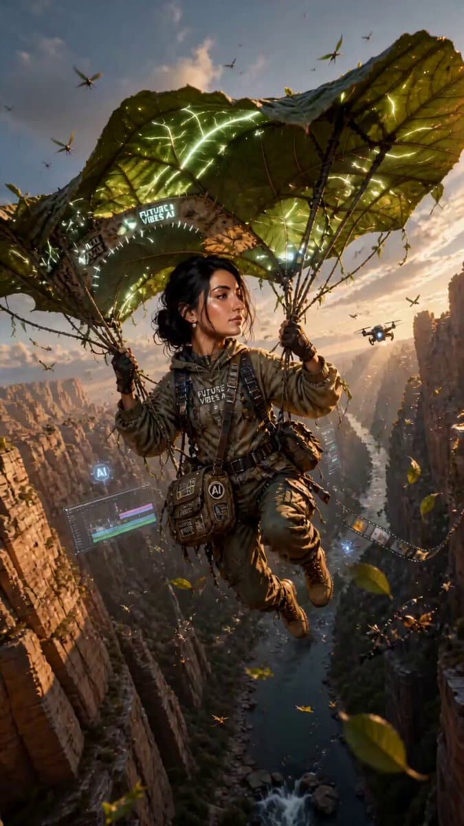Adventurous Girl Leaf Parachute Flight