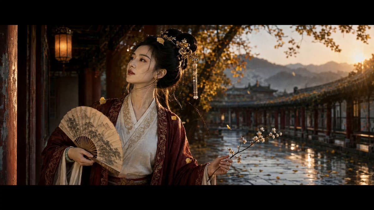 Ancient Chinese Beauty Ginkgo Corridor Scene