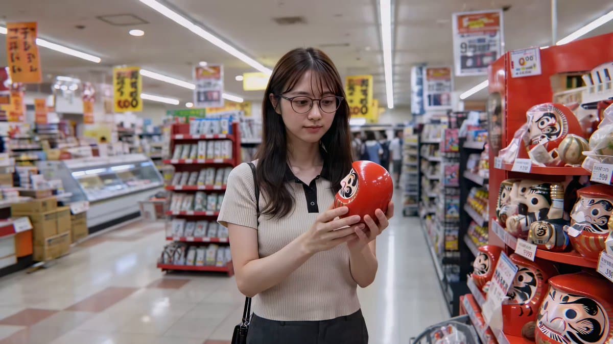Cute Character and Daruma Doll Interaction