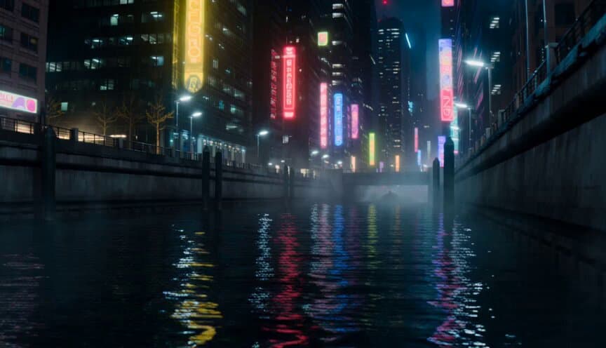 Futuristic Neon Canal Speedboat Chase