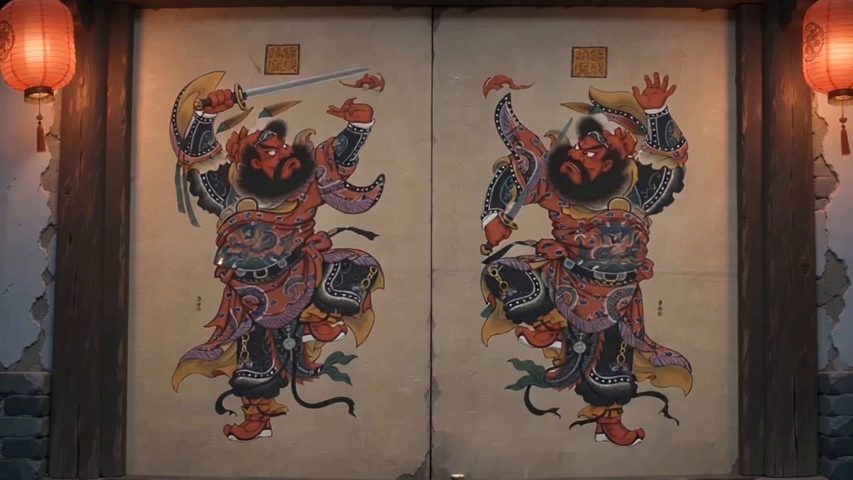 Traditional Chinese Door God Surveillance View
