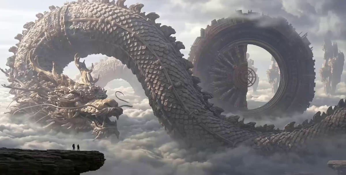 Clockwork Dragon Over Floating City