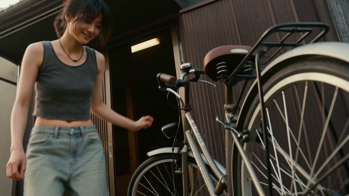 Korean Woman Cycling in Japanese Suburb