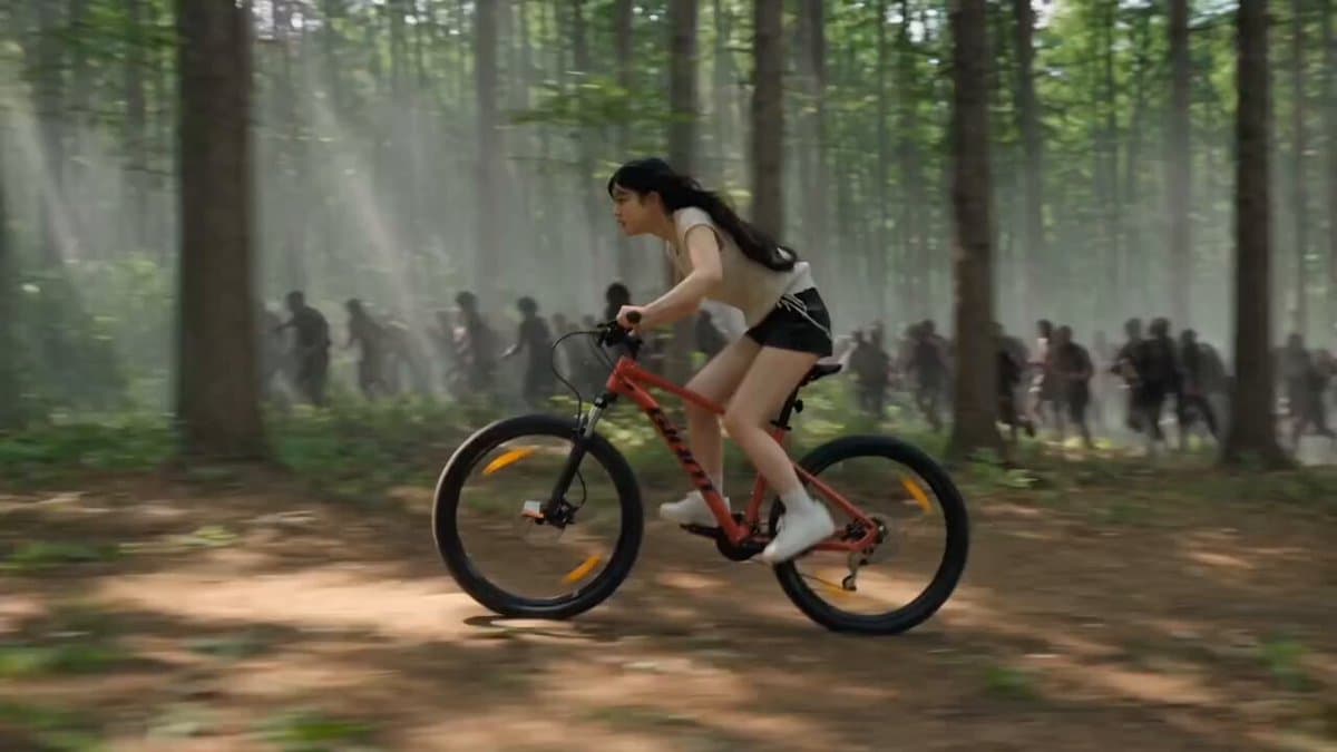 Woman Bicycle Zombie Chase Action Scene