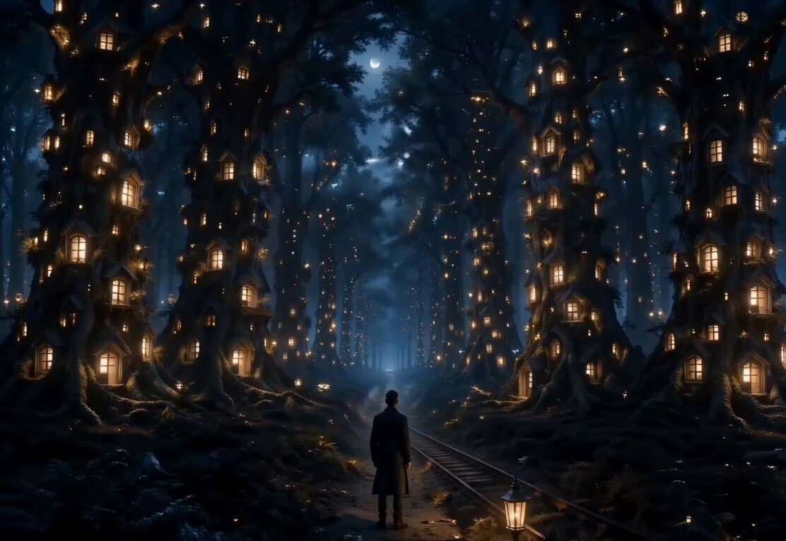 Midnight Forest with Glowing Windows