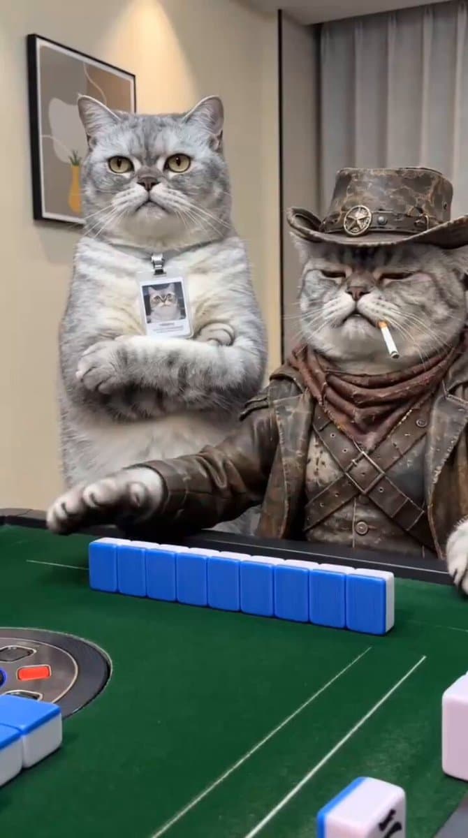 Anthropomorphic Cats Playing Mahjong Narrative Video