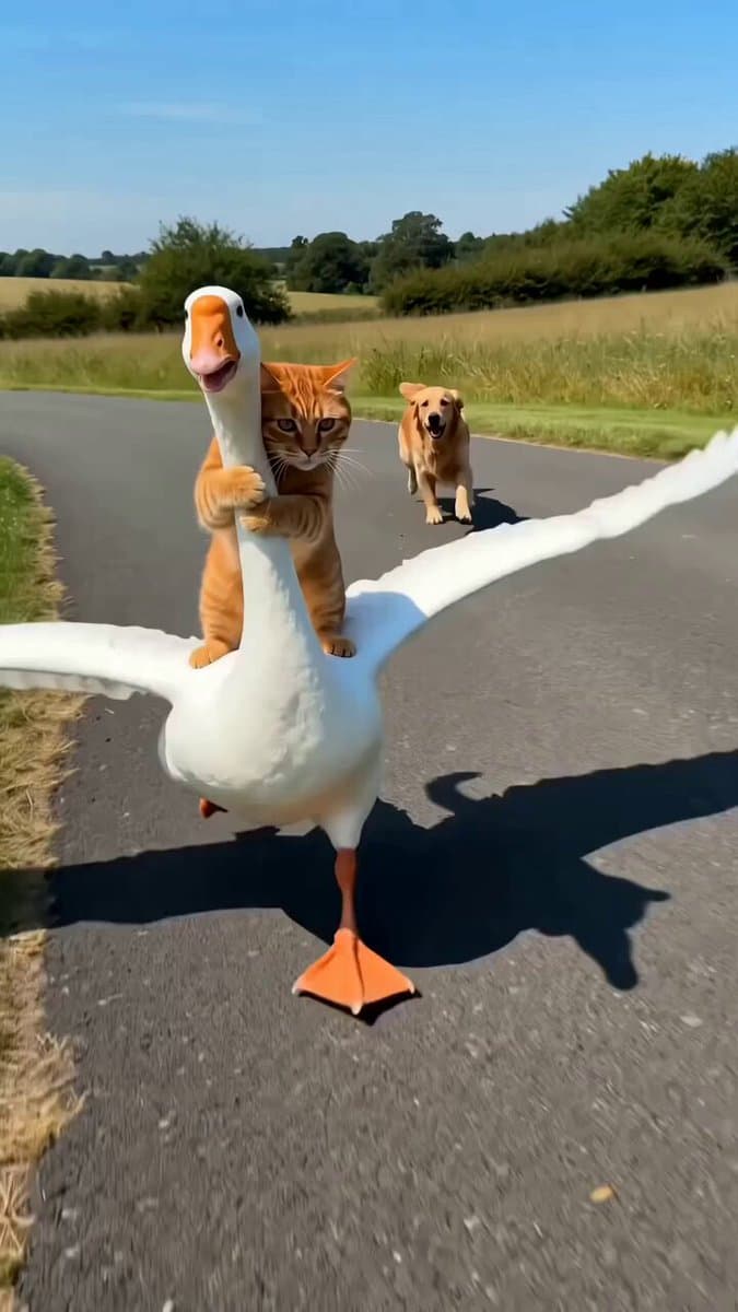 Comical Goose and Cat Chase Video Prompt