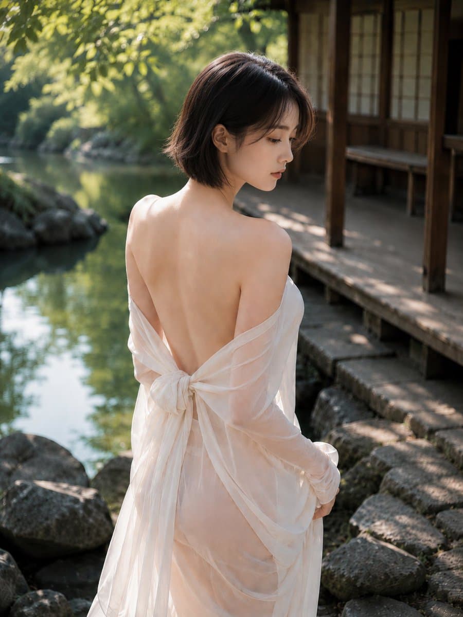 Elegant Back Portrait in Japanese Garden