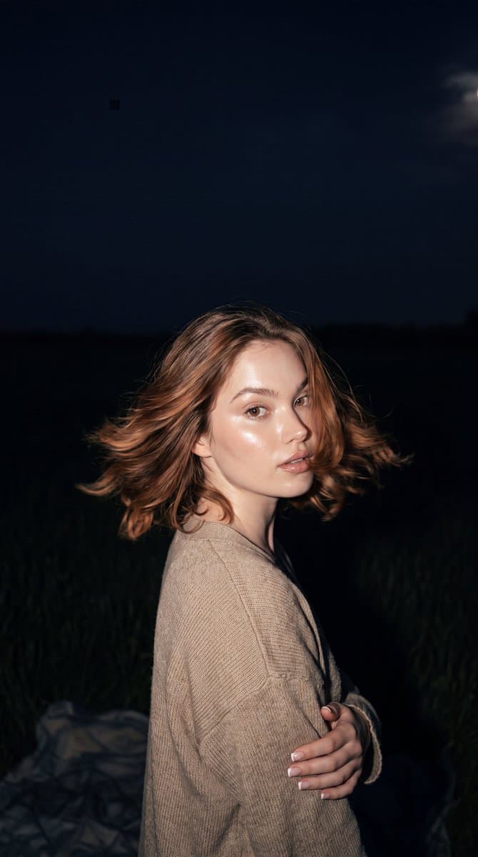 Cinematic Night Meadow Flash Portrait