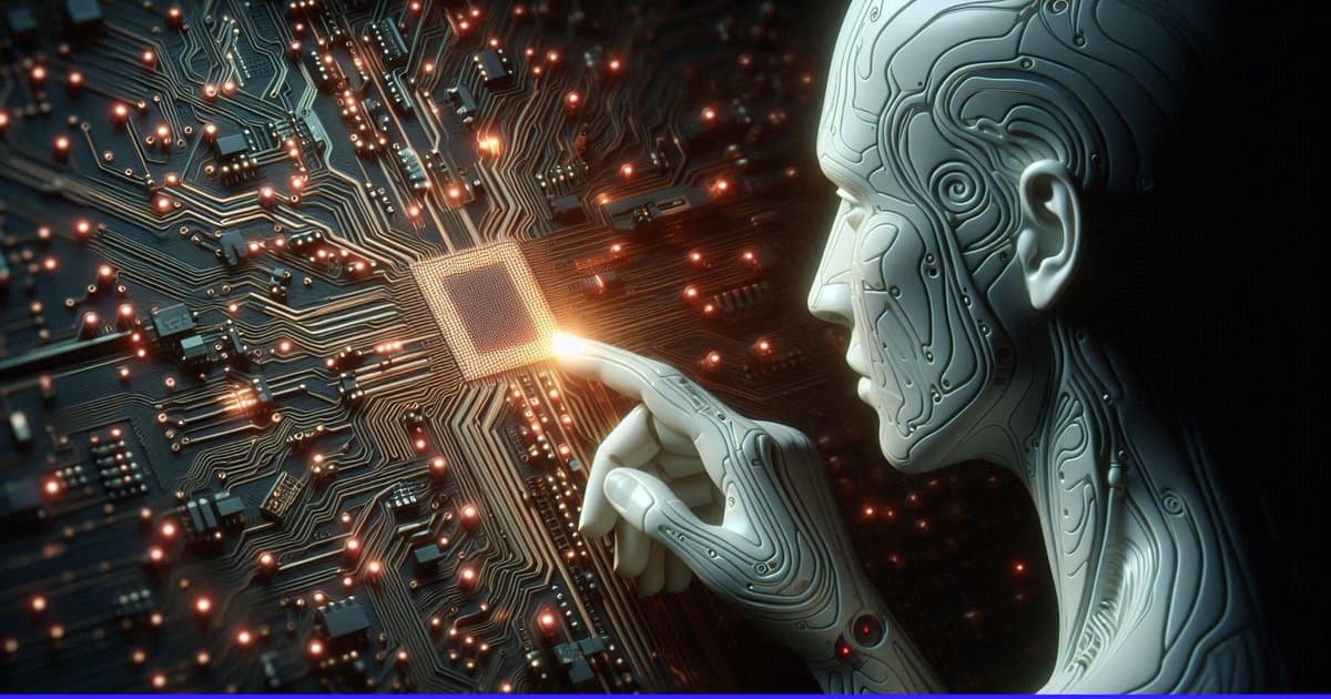 AI Touching a Glowing Microchip