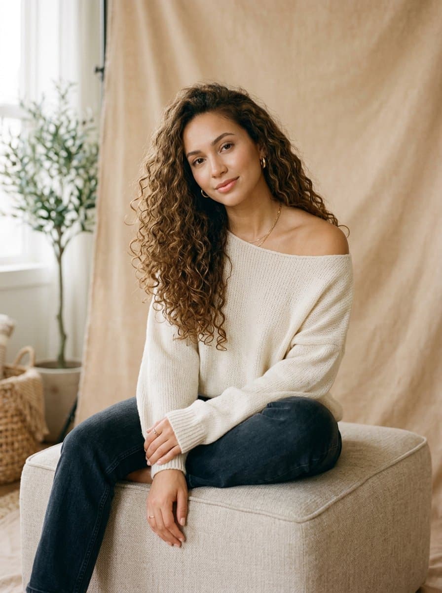 Elegant Portrait in Off-the-Shoulder Sweater