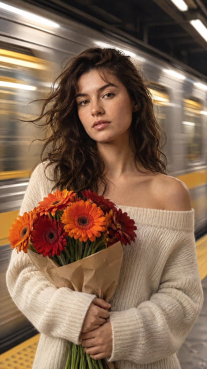 Cinematic Subway Portrait with Gerbera Daisies