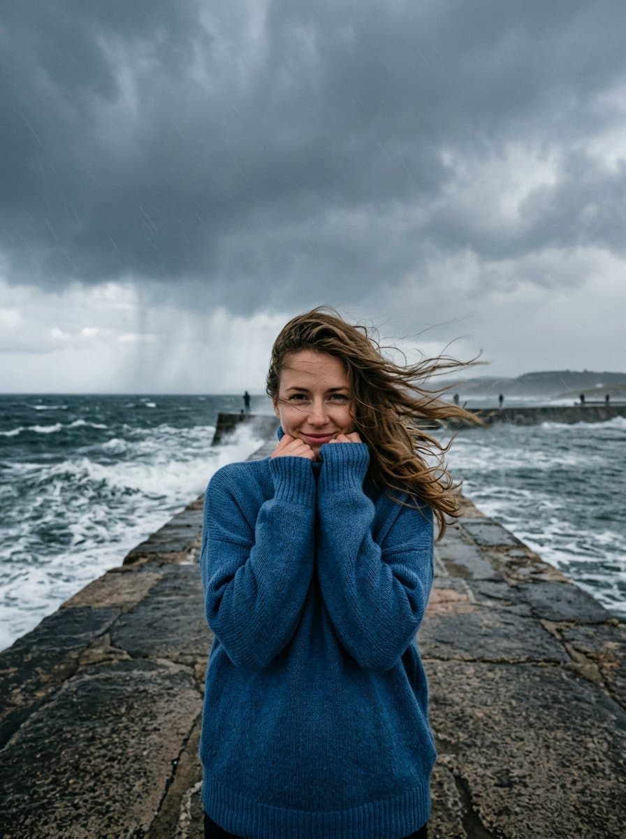 Cinematic Stormy Ocean Pier Portrait