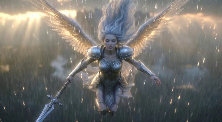 Video generation prompt: Celestial Valkyrie descending to Earth in the rain