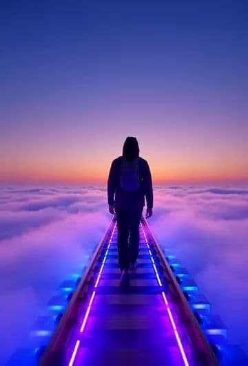 Neon Railway Traveler Over Clouds