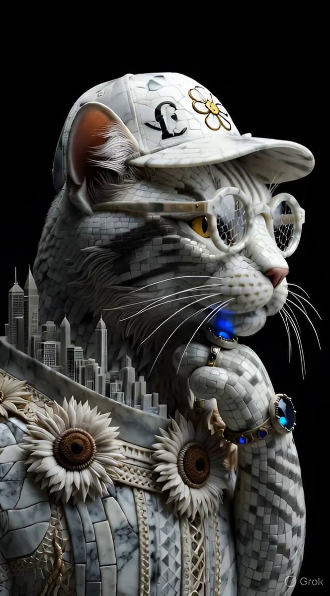 Marble Stone Mosaic Cat Portrait