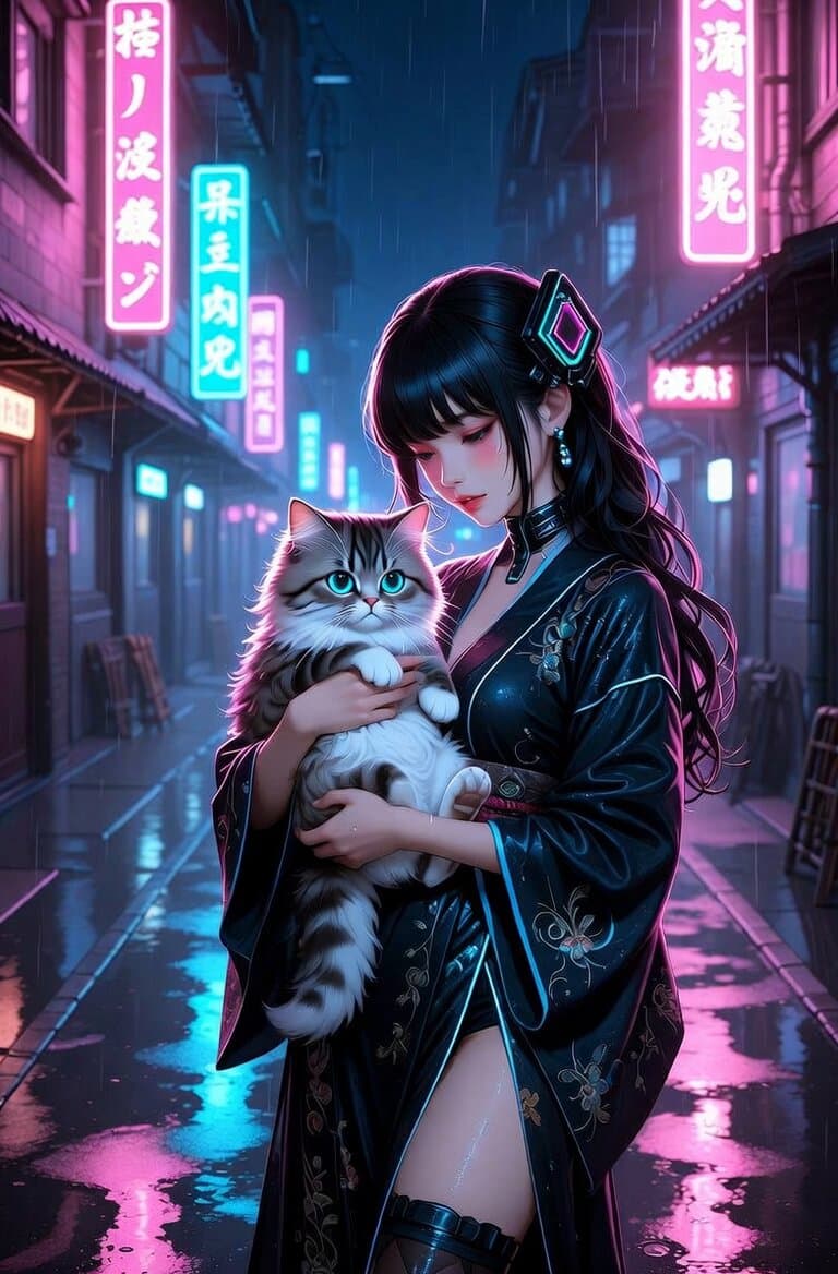 Cyberpunk Geisha with Luminous Cat