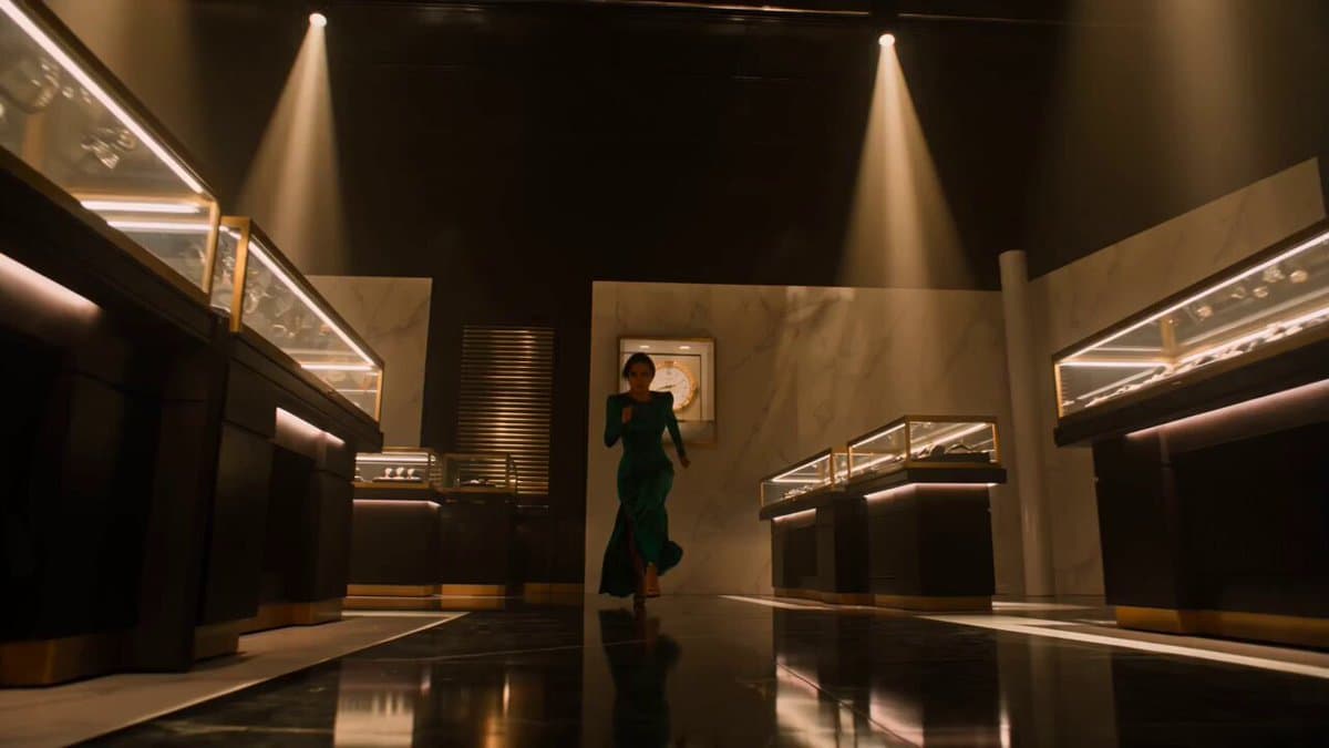 Cinematic Emerald Gown Action Heist