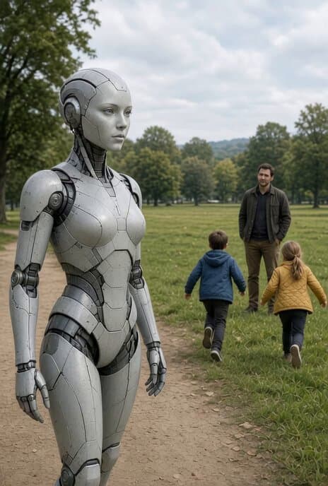 Grok Imagine Video Prompt: Futuristic Robot Woman at Park