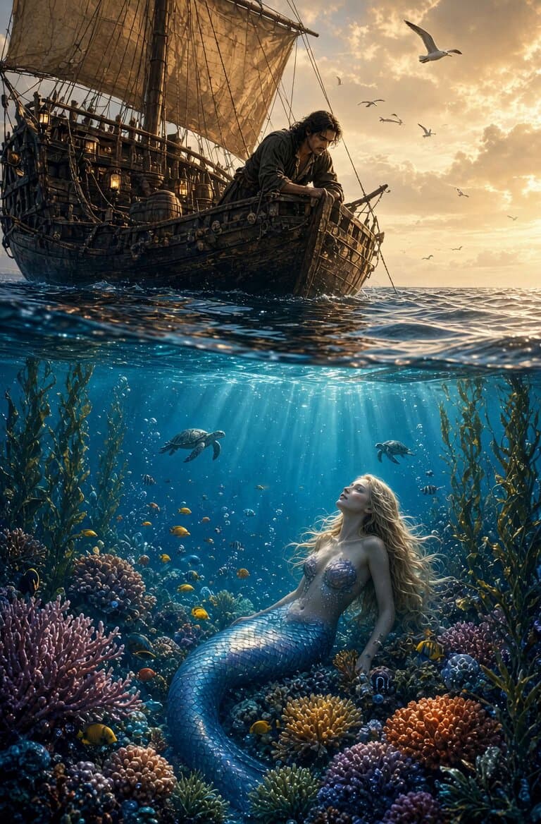 Mermaid in Underwater Coral Reef
