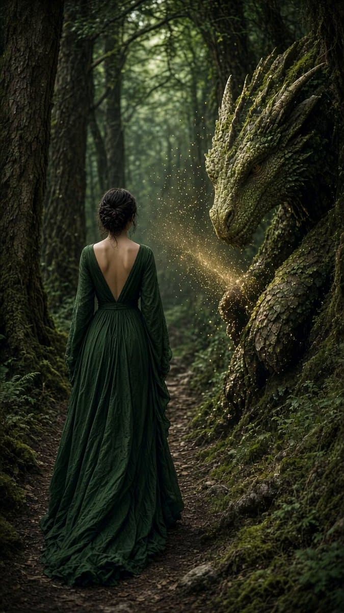 Woman Dragon Forest Scene